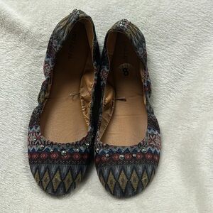 INDIGO RD. Ballet Flats, Geometric textile print with silver accent studs, 8